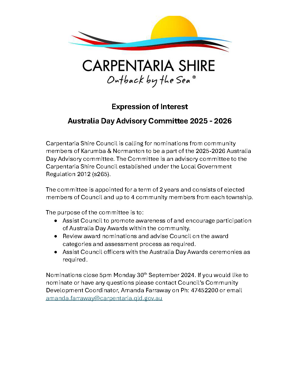 Expression of Interest Australia Day Advisory Committee 2025 - 2026